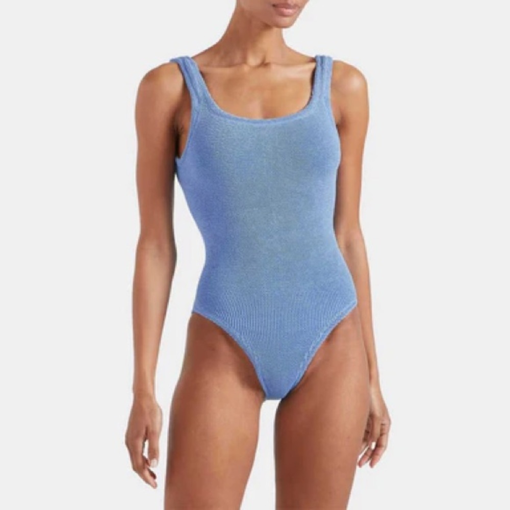 New Hunza G Cornflower Blue Square Neck One Piece Swimsuit Crinkle Stretchy Rare